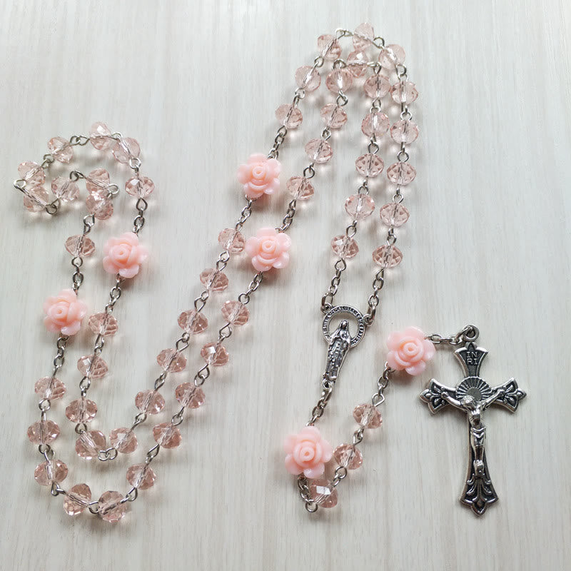 Olivenorma Rose Quartz Jesus Cross Pendant Rosary Necklace