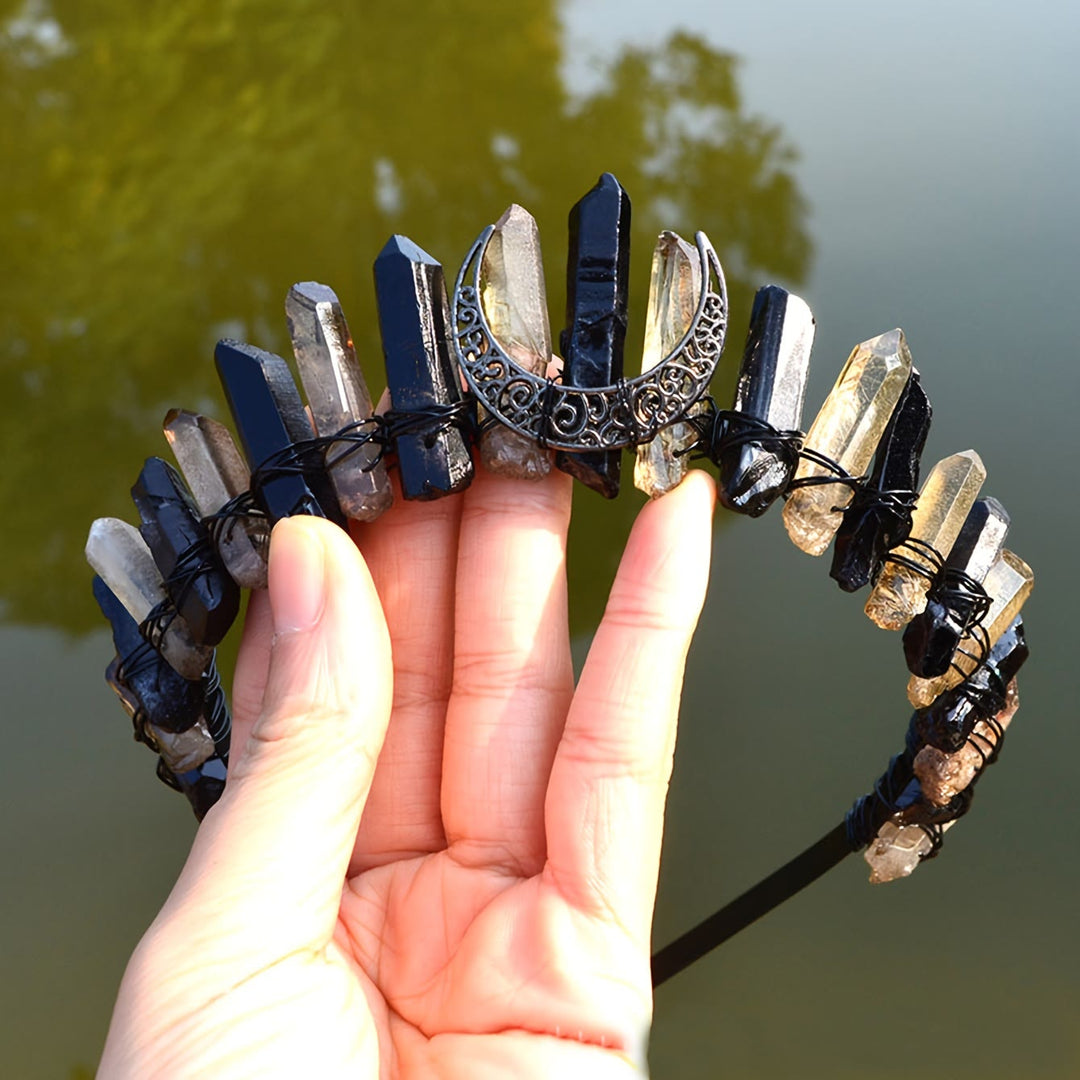 Olivenorma Clear Quartz Obsidian Moon Headband Crystal Crown