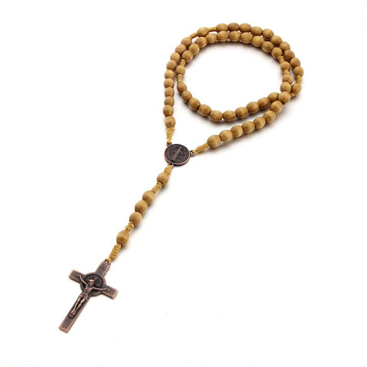 Olivenorma Knitted Vintage Cross Wood Rosary Necklace