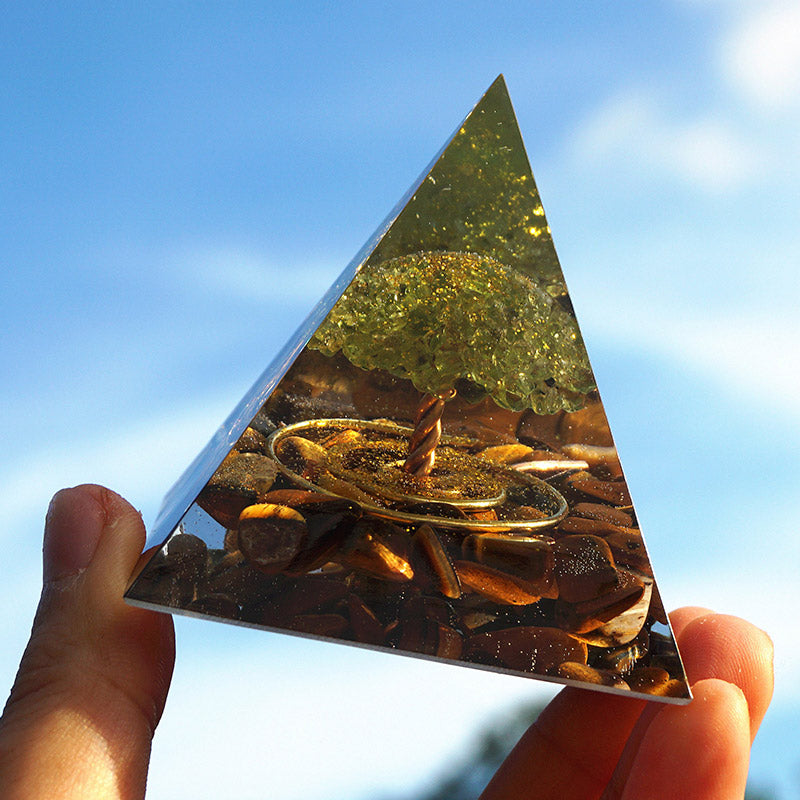 Olivenorma Peridot With Tiger Eye Tree Of Life Orgone Pyramid