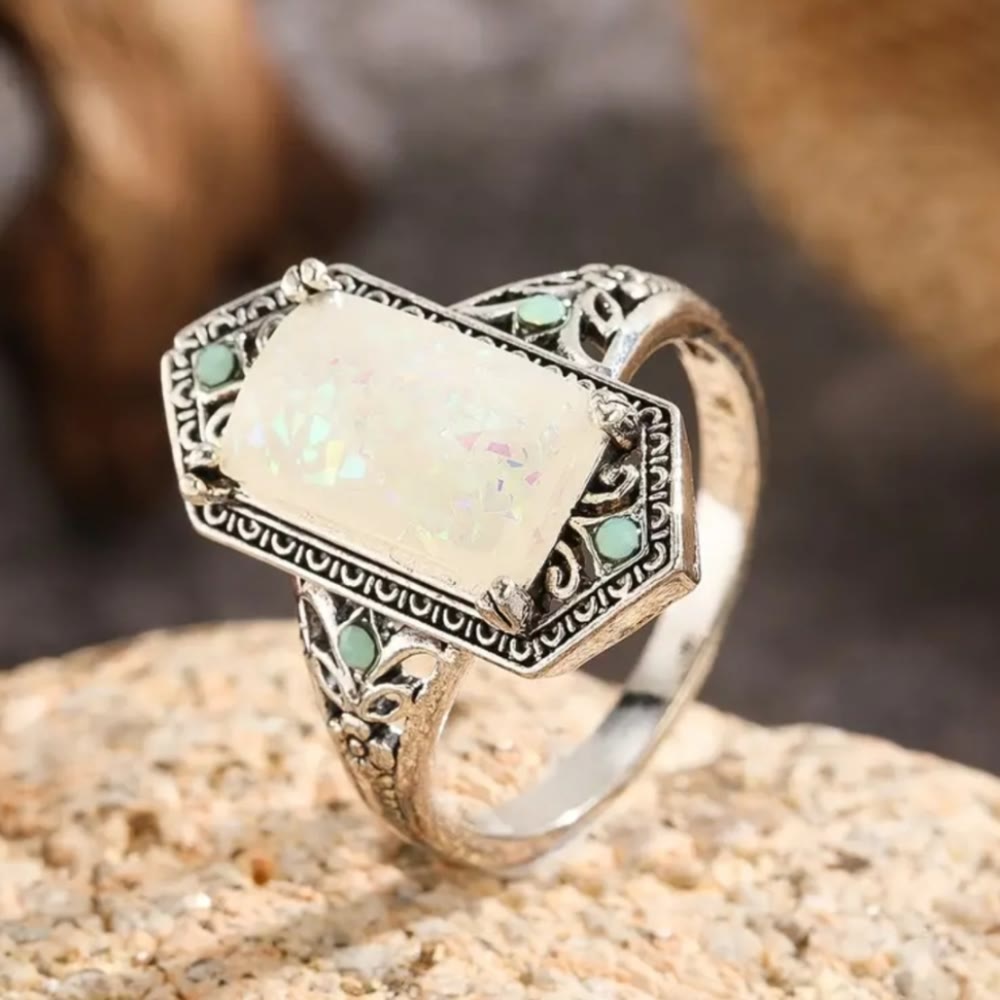 Olivenorma Square White Opal Antique Silver Ring