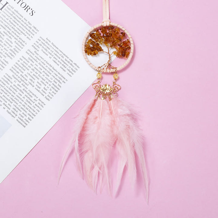 Olivenorma Agate Tree Of Life Lotus Pink Feather Dream Catcher