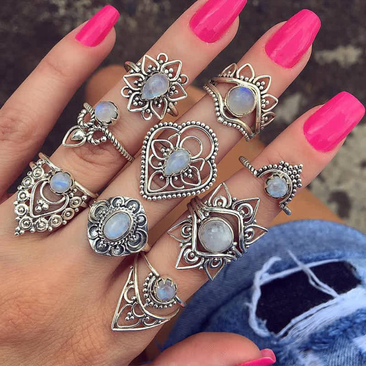 Olivenorma Vintage Moonstone 9 - Piece Ring Set