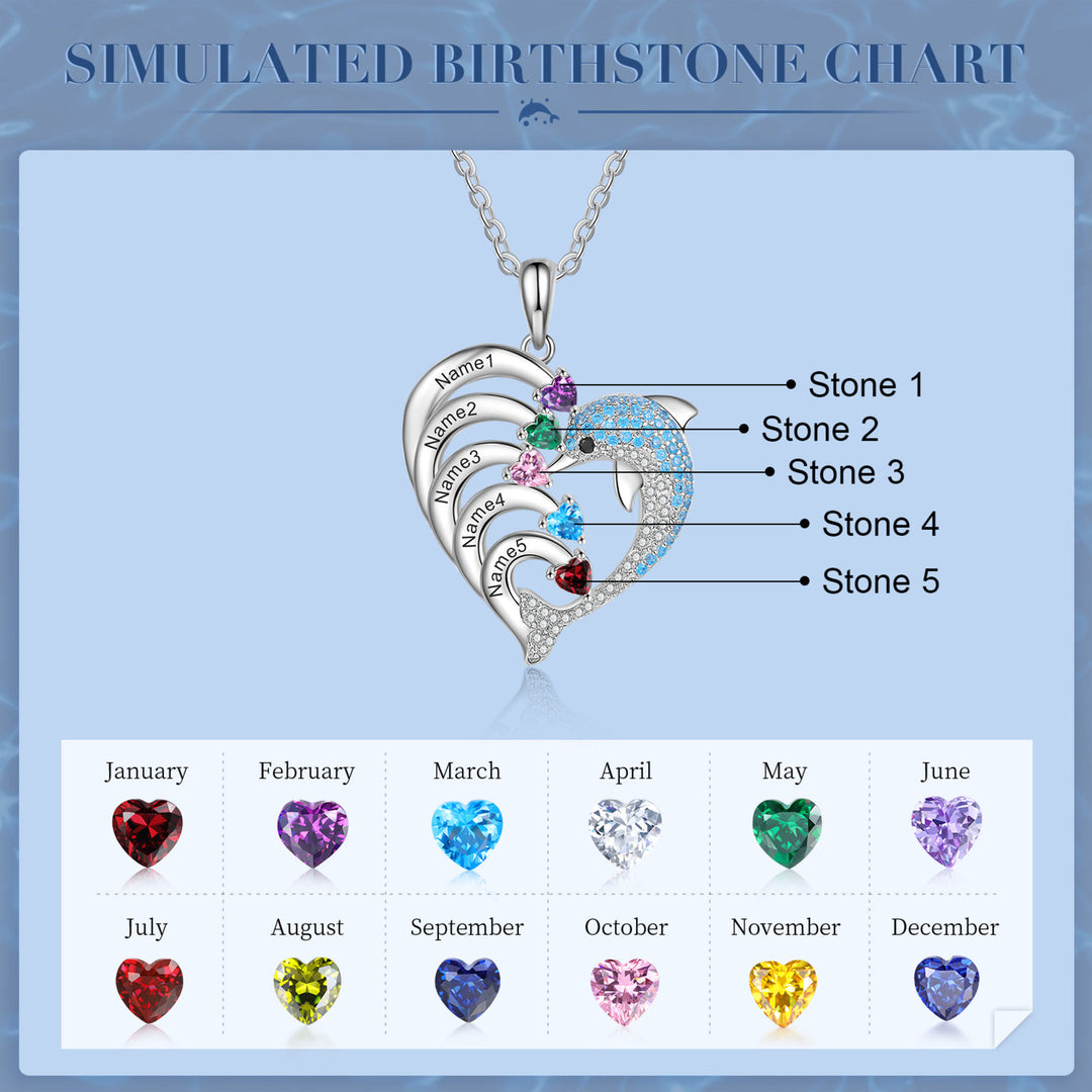 Olivenorma Heart Dolphin Necklace Engraved Stone Pendant Necklace - Silver - 5 Birthstone - image 4
