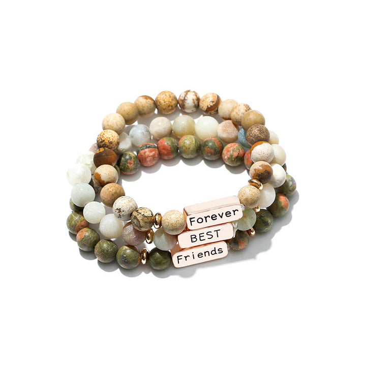 Olivenorma Natural Gemstone Best Friend Forever 3 Piece Engraving Bracelet Set