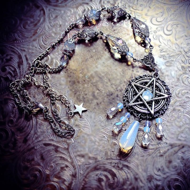 Olivenorma Witch Gothic Pentagram Opalite Star Crystal Beads Necklace