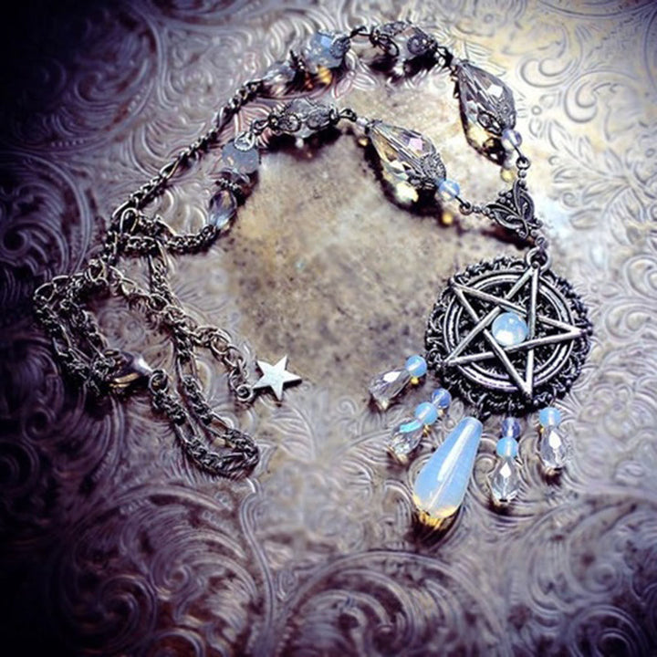 Olivenorma Witch Gothic Pentagram Opalite Star Crystal Beads Necklace