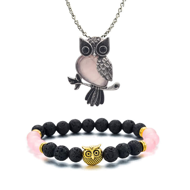 SPIRITUAL ENERGY - Owl Gemstone Necklace with Bracelet Gift Set - Rose Quartz - Silver Chain - image 41