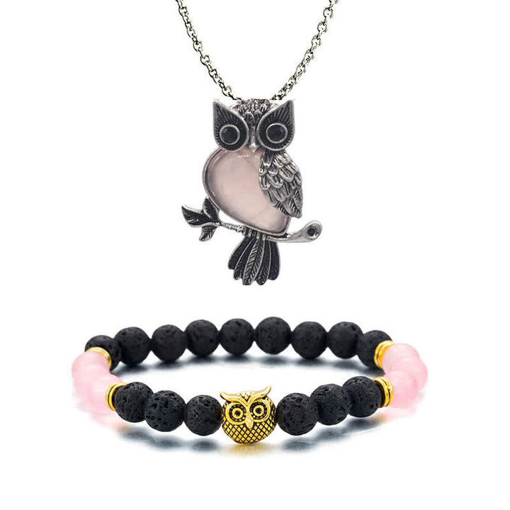 SPIRITUAL ENERGY - Owl Gemstone Necklace with Bracelet Gift Set - Rose Quartz - Silver Chain - image 41