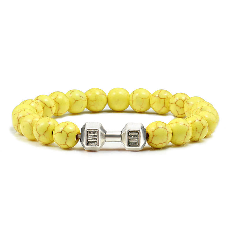 Olivenorma "Live Life" Dumbbells Natural Stone Beads Bracelet - Yellow Turquoise - Silver Barbell - 21cm - image 37
