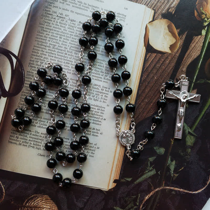 Olivenorma Gothic Cross Black Onyx Rosary Necklace