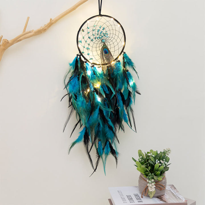 Olivenorma Red Agate Turquoise Peacock Feather Dream Catcher - Turquoise - With Lights - image 4