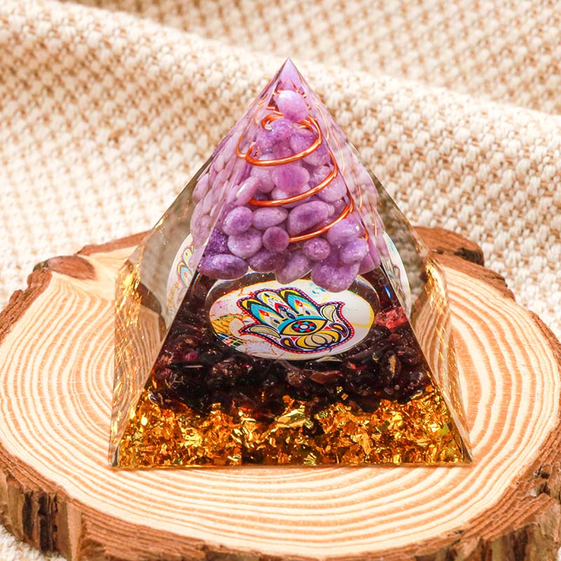 Olivenorma Purple Jade With Garnet Hamsa Healing Orgone Pyramid