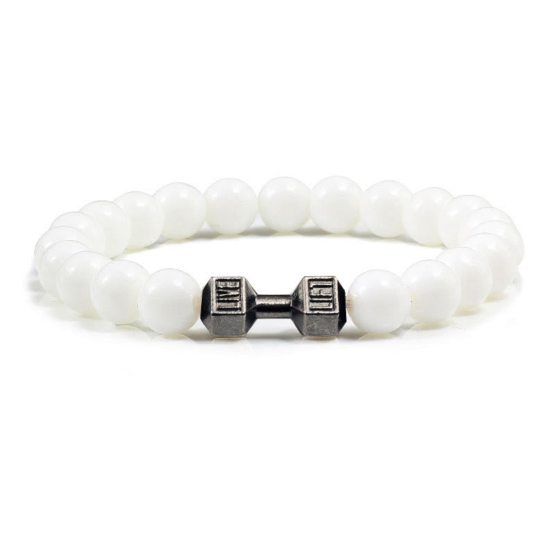 Olivenorma "Live Life" Dumbbells Natural Stone Beads Bracelet - White Chalcedony - Black Barbell - 21cm - image 28