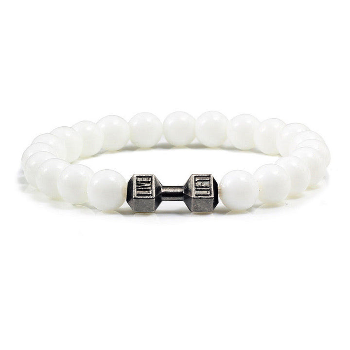 Olivenorma "Live Life" Dumbbells Natural Stone Beads Bracelet - White Chalcedony - Black Barbell - 21cm - image 28