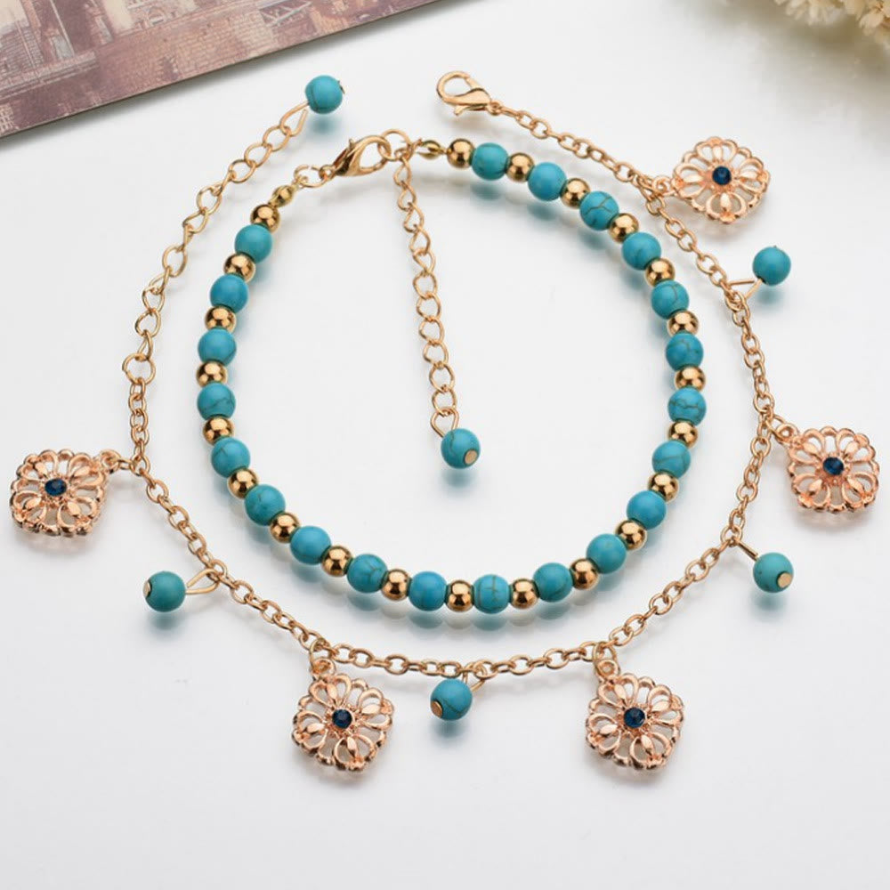 Olivenorma Turquoise Diamond Flower Pendant 2Set Bohemia Anklets