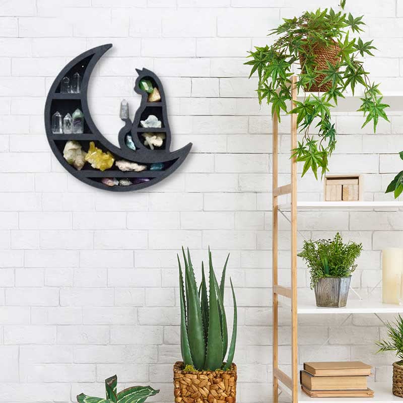 Olivenorma Crescent Moon & Cat Wooden Crystal Shelf