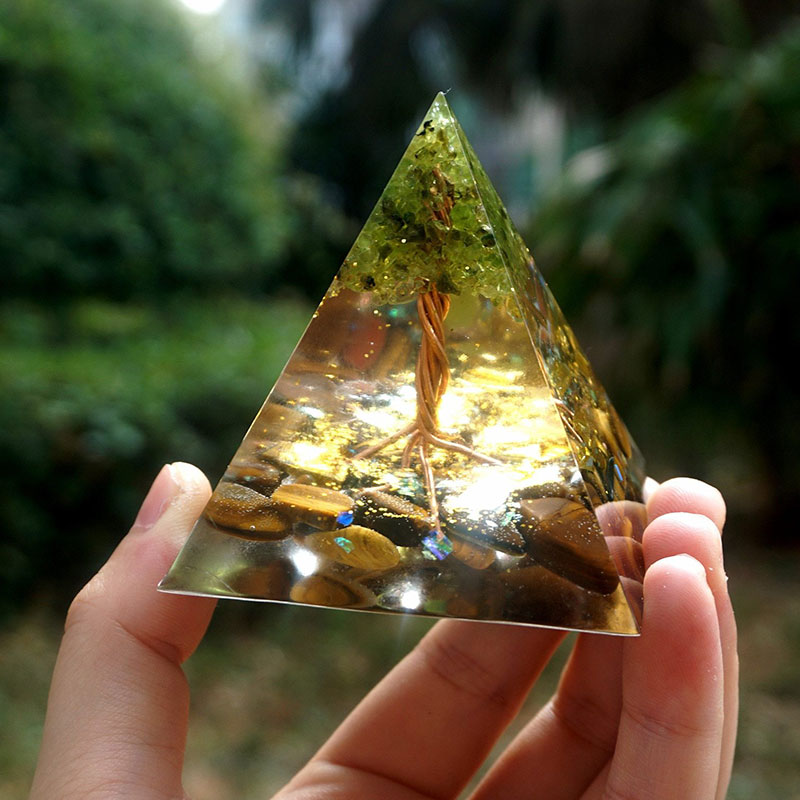 Olivenorma Tree of Life Peridot With Tiger Eye Orgone Pyramid