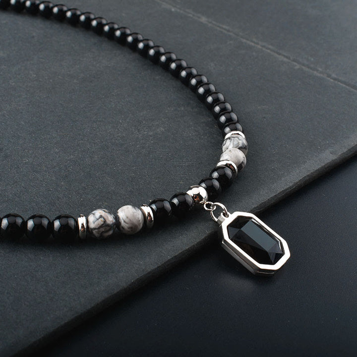 Olivenorma Tiger Eye Obsidian Beaded Men Titanium Steel Necklace