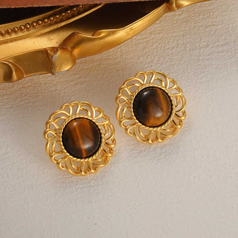 Olivenorma Tiger Eye Sunflower Gold Earrings