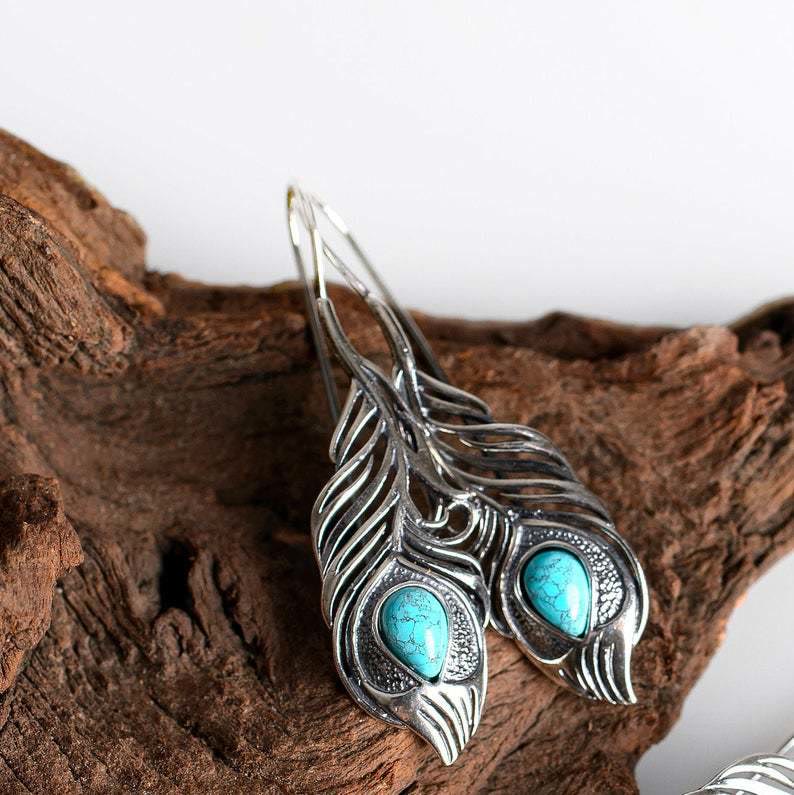 Olivenorma Vintage Turquoise Peacock Feather Cutout Bohemia Earrings