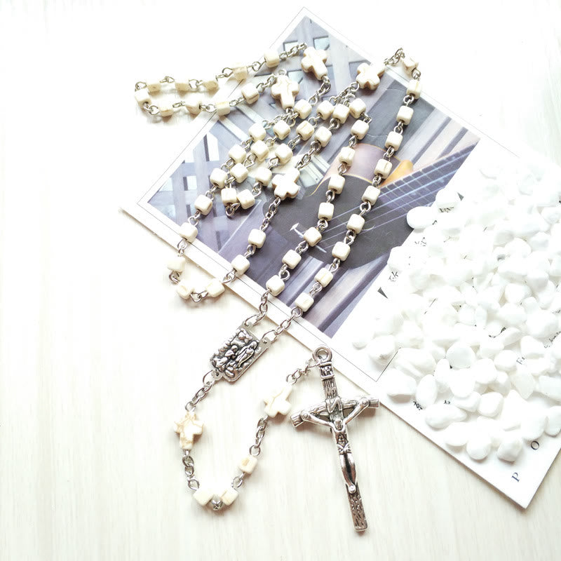 Olivenorma White Turquoise Cube Beaded Cross Rosary Necklace