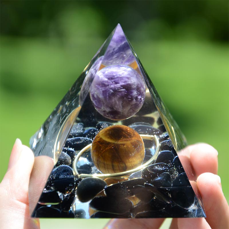 Amethyst Sphere With Obsidian Tiger Eye Orgone Pyramid