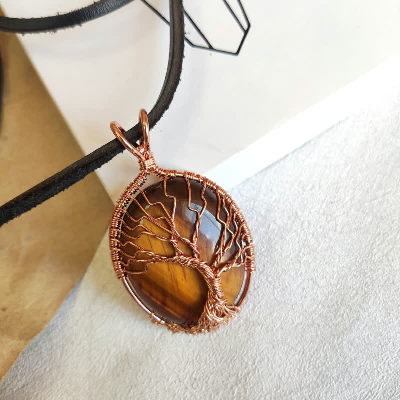 Olivenorma Oval Tiger Eye Tree Of Life Gemstone Necklace