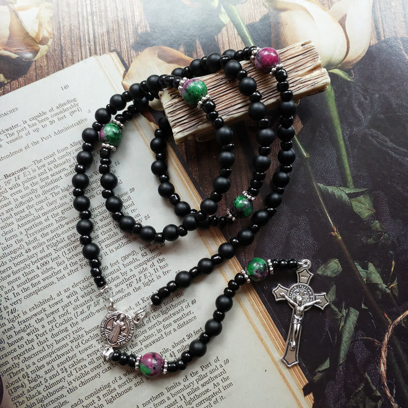 Olivenorma Black Onyx Ruby Zoisite Cross Rosary Necklace