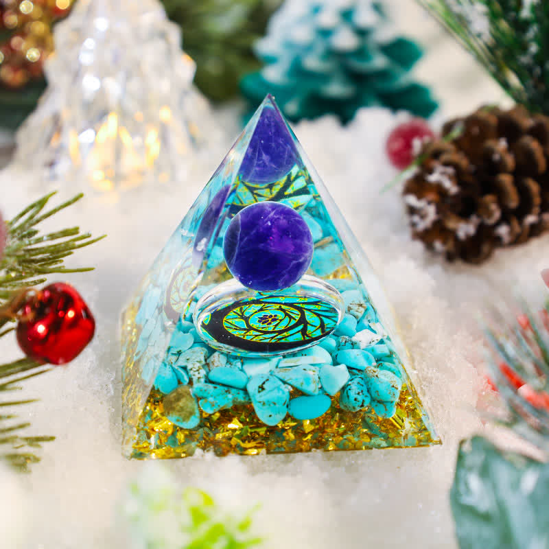 Olivenorma Turquoise With Amethyst Ball Orgone Pyramid