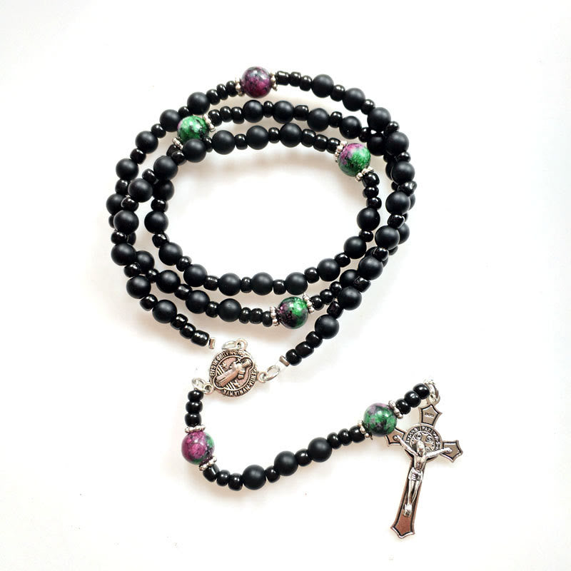 Olivenorma Black Onyx Ruby Zoisite Cross Rosary Necklace