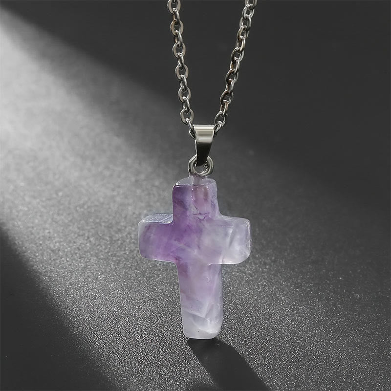Olivenorma Natural Stone Cross Gemstone Necklace - Amethytst - image 1