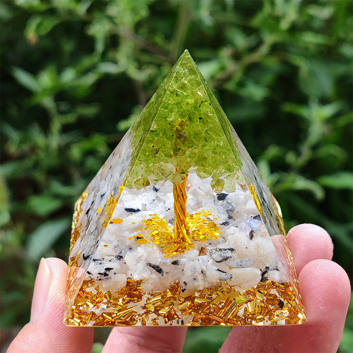 Olivenorma Moonstone with Peridot Tree Of Life Orgone Pyramid