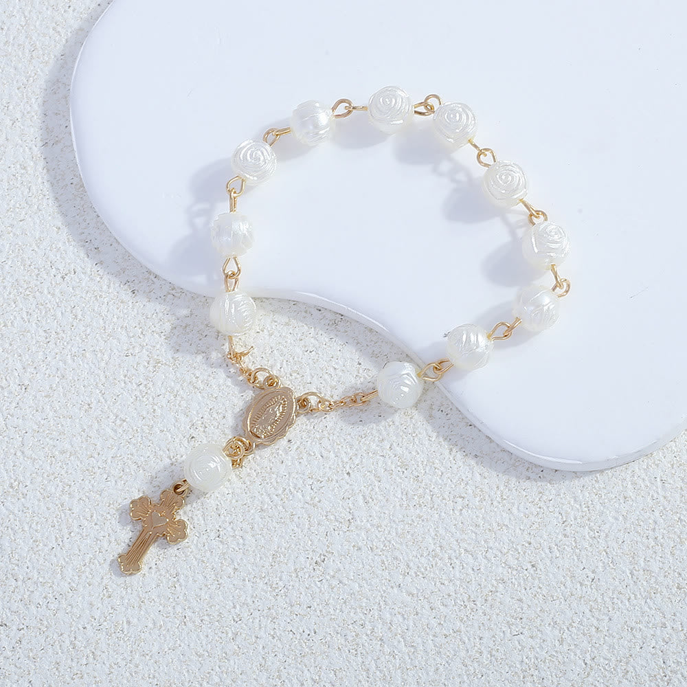 Olivenorma White Rose Flower Christianity Cross Rosary Bracelet