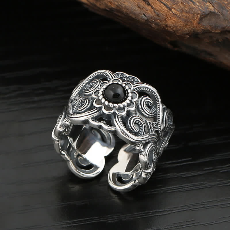 Olivenorma Ethnic Black Onyx Pattern Adjustable Ring