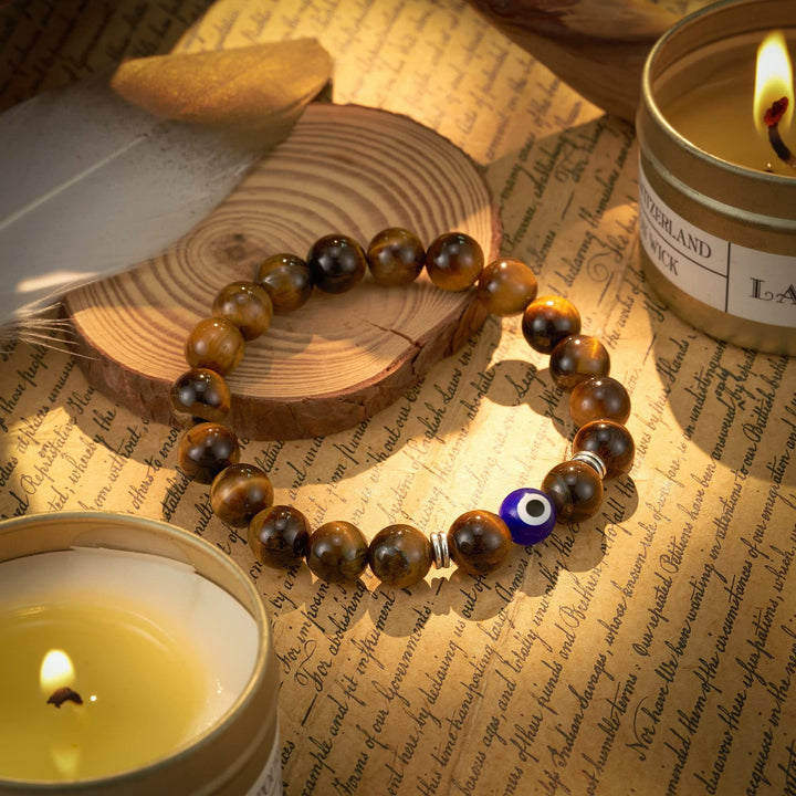 Olivenorma Tiger Eye Obsidian Evil Eye Beaded Mens Bracelet