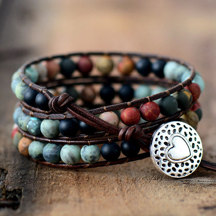 Frosted Turquoise Beaded Handwoven Leather Wrap Bracelet