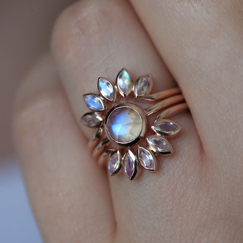 Olivenorma “Tide Goddess” - Sun Flower Moonstone 3 - Piece Ring