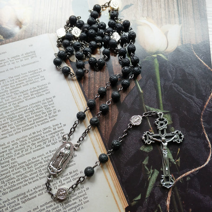 Olivenorma Lava Stone Catholic Cross Pendant Rosary Necklace