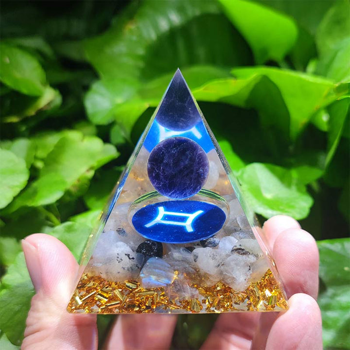 Olivenorma Amethyst with Clear Quartz Gemini Zodiac Orgone Pyramid