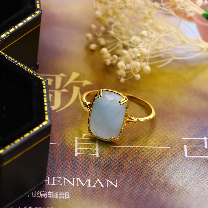 Olivenorma Large Square Aquamarine Black Onyx Vintage Ring