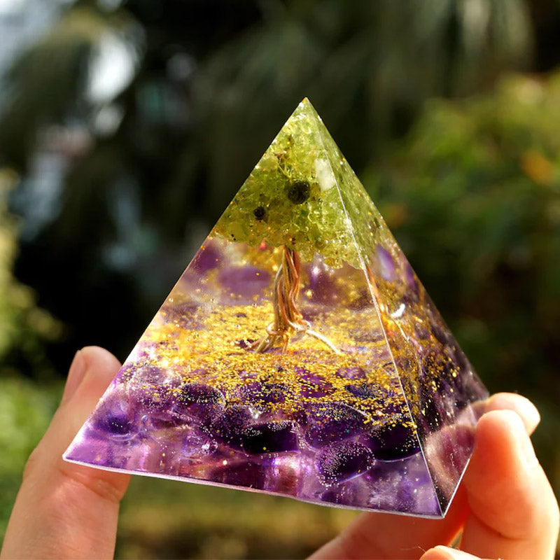 Olivenorma Harmony Roots Amethyst & Peridot Tree of Life Orgone Pyramid - image 5