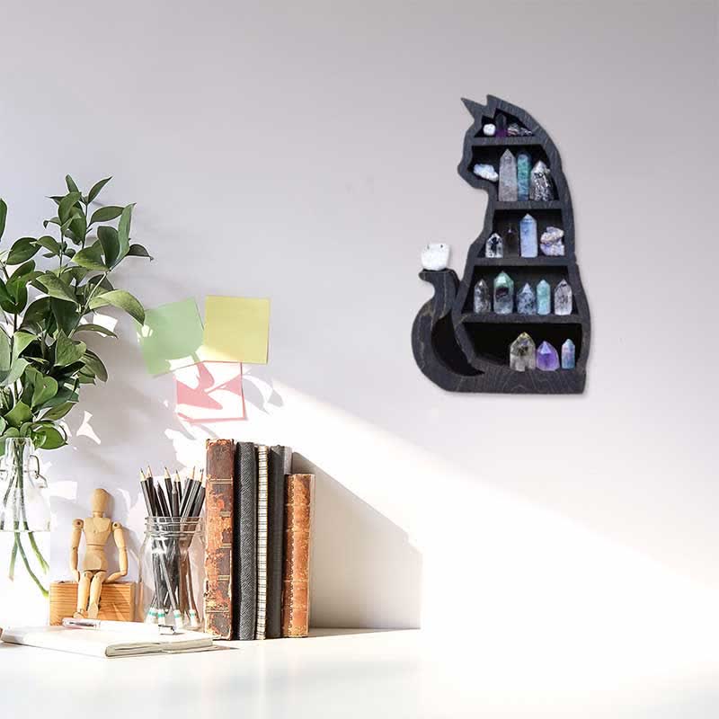 Olivenorma Crescent Moon & Cat Wooden Crystal Shelf