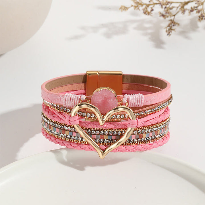 Olivenorma Multicolor Crystal Cluster Metallic Heart Braided Leather Bracelet