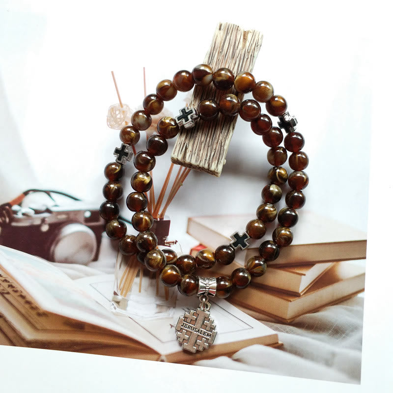 Olivenorma Tiger Eye Cross Pendant Rosary Bracelet