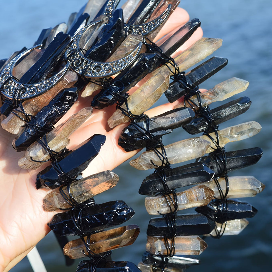 Olivenorma Clear Quartz Obsidian Moon Headband Crystal Crown