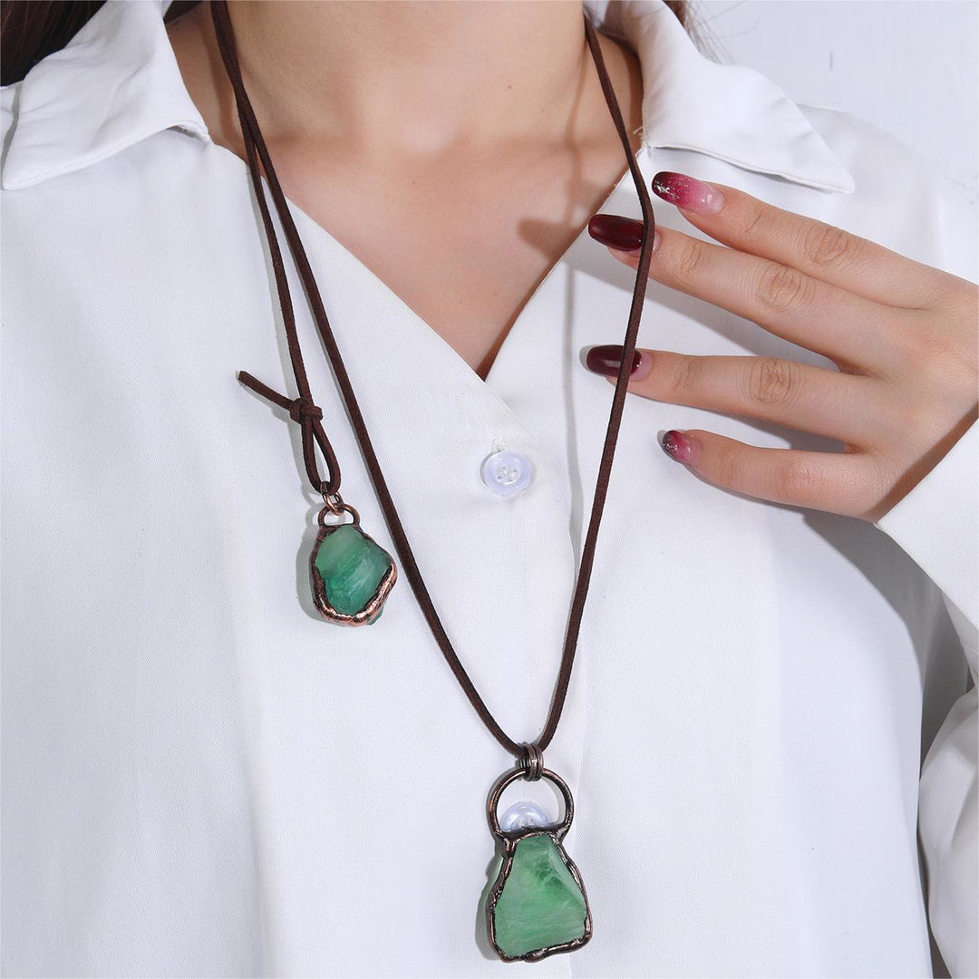 OlivenormaNatural Rough Stone Irregular Pendant Leather Rope Necklace