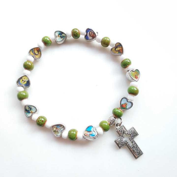 Olivenormacolorful Natural Stone Beads Christianity Cross Bracelet