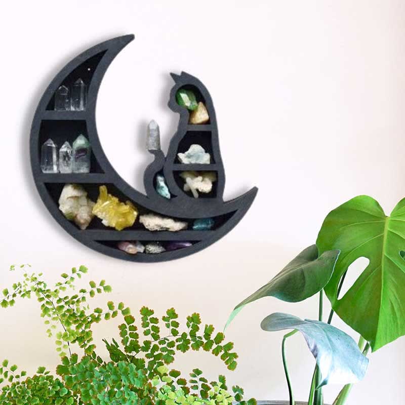 Olivenorma Crescent Moon & Cat Wooden Crystal Shelf