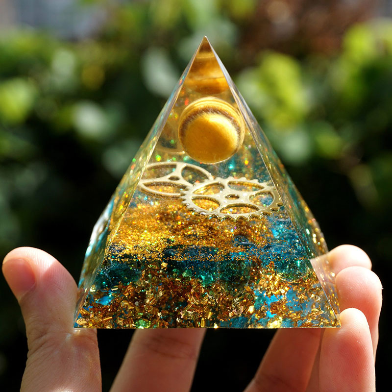 Tiger Eye Sphere With Blue Quartz Orgone Pyramid